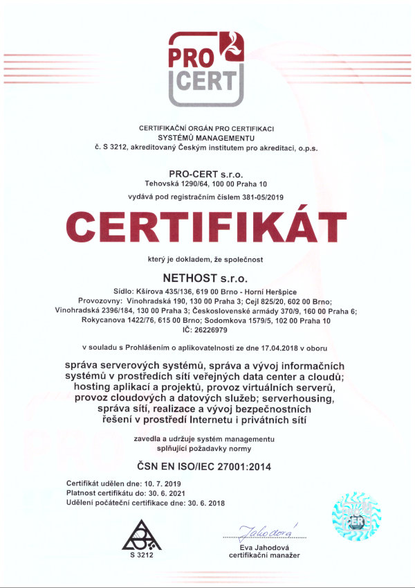 ISO/IEC 27001:2014 Systémy manažérstva bezpečnosti informácií, Nethost s.r.o.