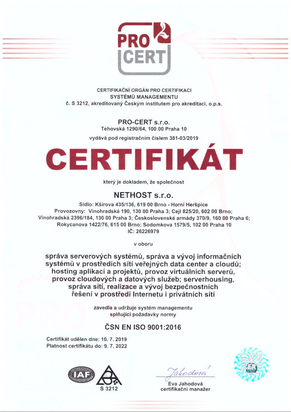 ISO 9001:2016 Systém manažérstva kvality, Nethost s.r.o.